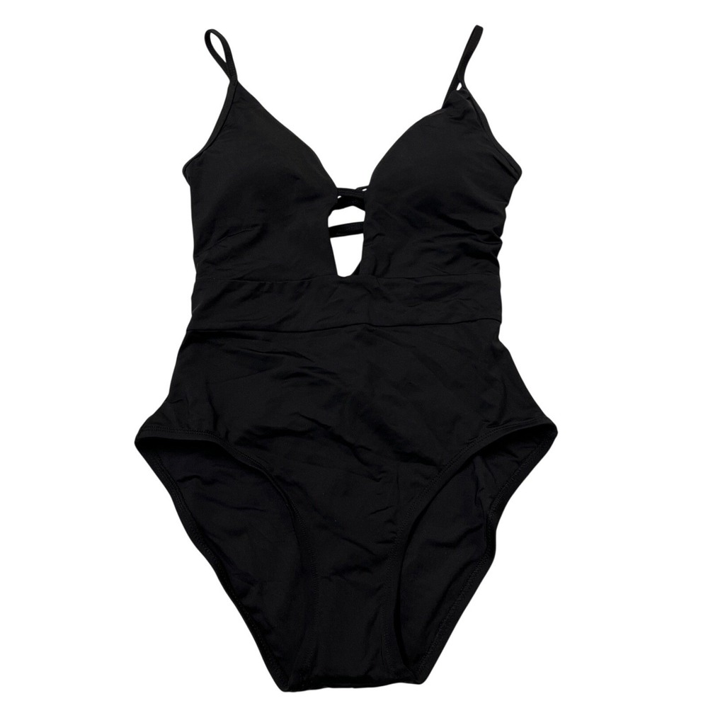 Becca‎ Swimsuit Black One Piece Plunge Strappy Size L Beach Resort Vacation